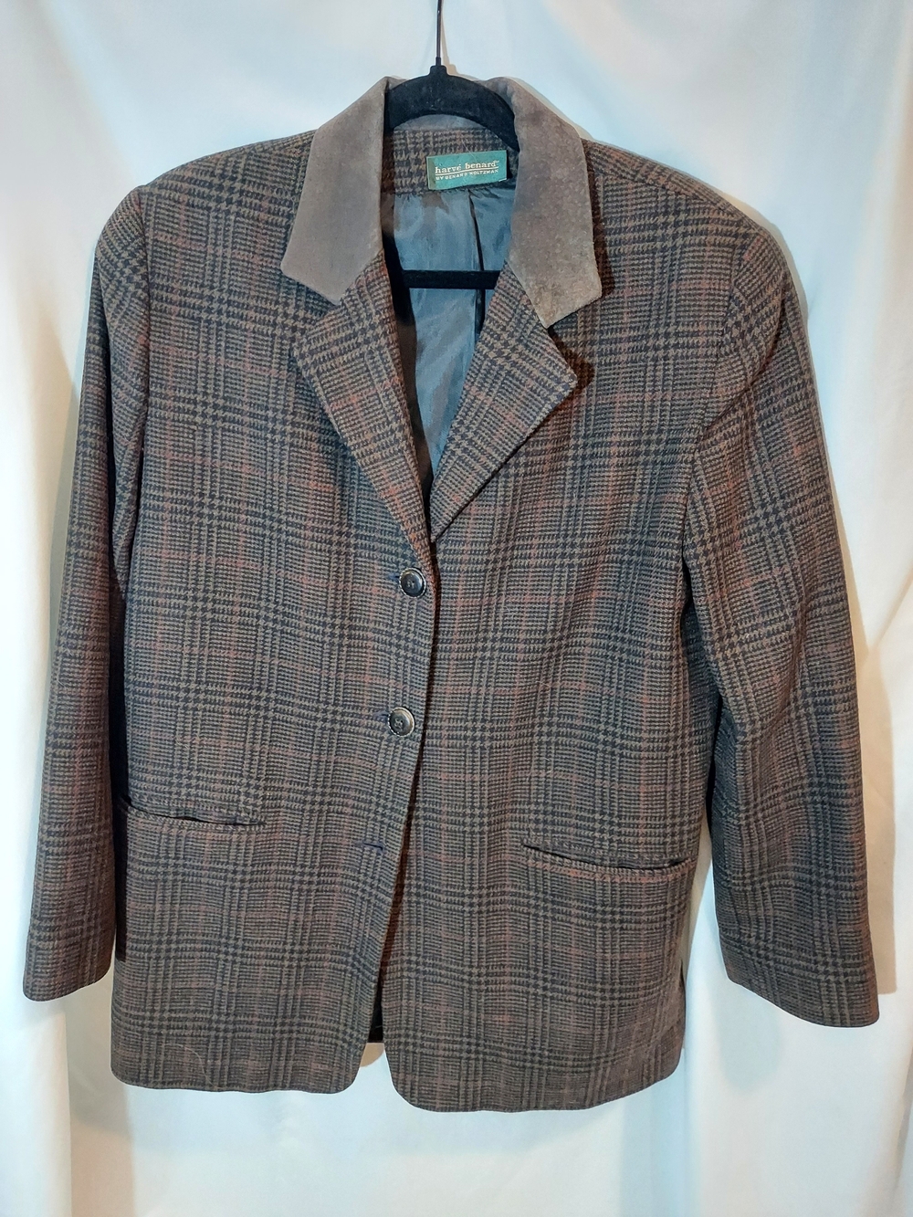 VTG Harve Benard Wool Plaid Blazer Suede Accent Collar Dark Academia Size 12